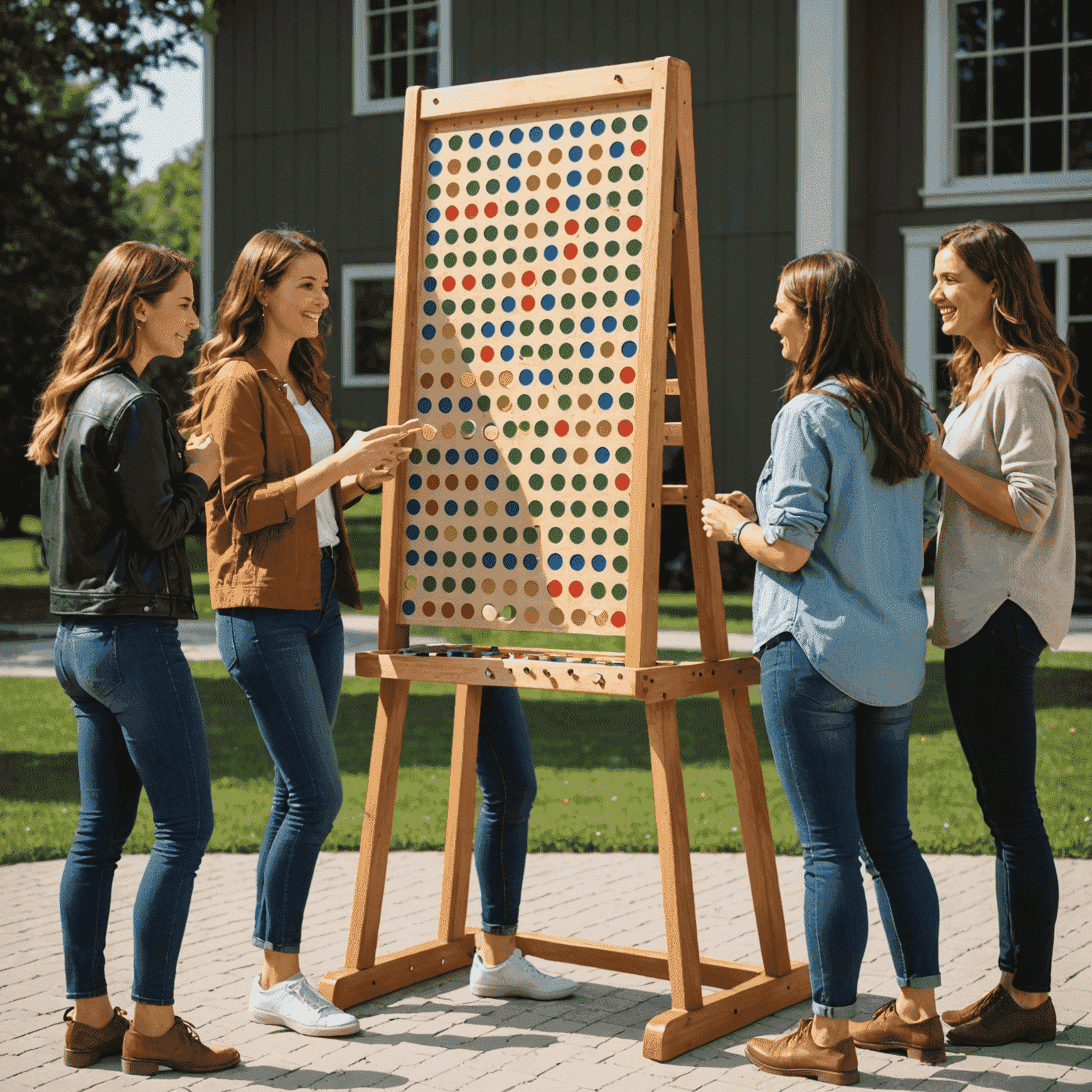 Un gruppo di amici che gioca a Plinko con diverse varianti del tabellone, inclusi colori e percorsi diversi